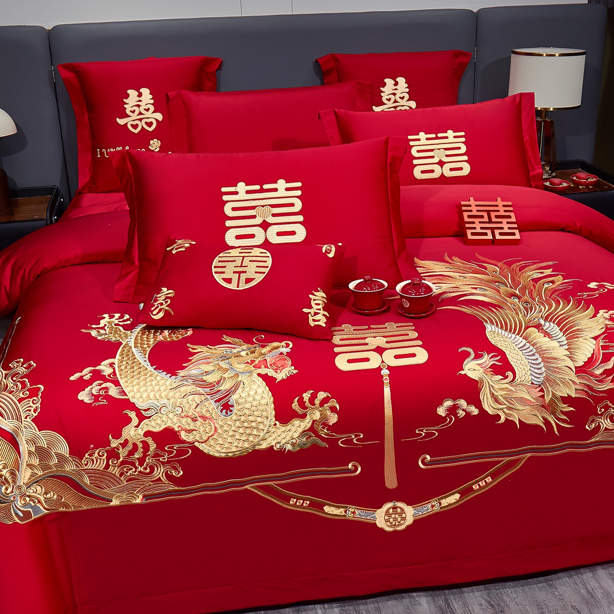 91家纺网 家纺一手货源 找家纺 浩情国际婚庆供货中心 2026新款100%全棉长绒棉纯棉婚庆四件套结婚刺绣六件套多件套长期供货 双囍龙凤