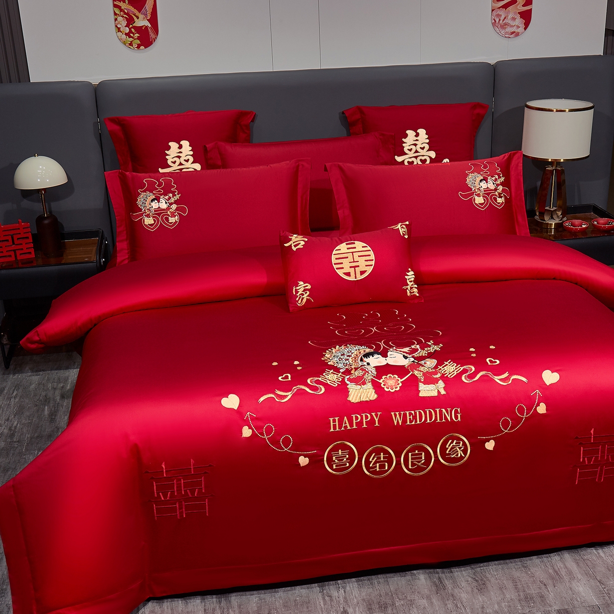 91家纺网 家纺一手货源 找家纺 浩情国际婚庆供货中心 2026新款100%全棉长绒棉纯棉婚庆四件套结婚刺绣六件套多件套长期供货 相亲相爱