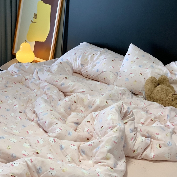 91家纺网 家纺一手货源 找家纺 源启生活 2025新款A类全棉双层纱四件套 粉粉猫