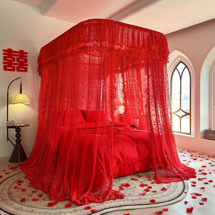 91家纺网 家纺一手货源 找家纺 都市缘蚊帐 2026新款303欧式浪漫导轨蕾丝提花蚊帐 303玫瑰庄园-安哥拉红