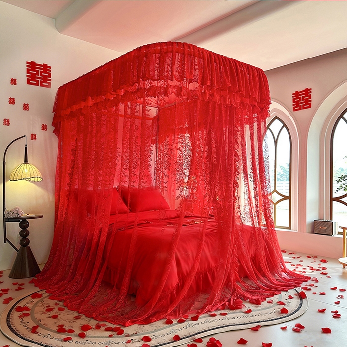 91家纺网 家纺一手货源 找家纺 都市缘蚊帐 2026新款303欧式浪漫导轨蕾丝提花蚊帐 303玫瑰庄园-安哥拉红