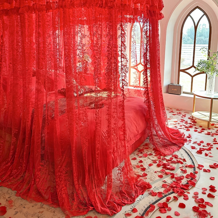 91家纺网 家纺一手货源 找家纺 都市缘蚊帐 2026新款303欧式浪漫导轨蕾丝提花蚊帐 303玫瑰庄园-安哥拉红