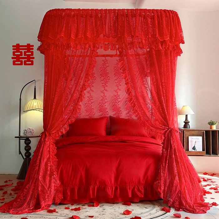 91家纺网 家纺一手货源 找家纺 都市缘蚊帐 2026新款303欧式浪漫导轨蕾丝提花蚊帐 303玫瑰庄园-安哥拉红