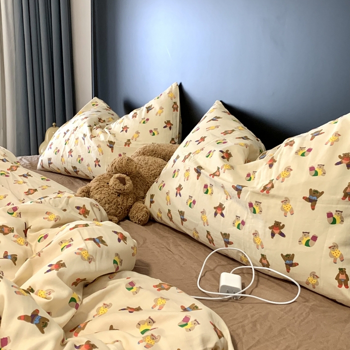 91家纺网 家纺一手货源 找家纺 源启生活 2025新款A类全棉双层纱四件套 啾啾熊