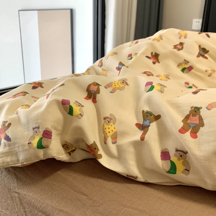 91家纺网 家纺一手货源 找家纺 源启生活 2025新款A类全棉双层纱四件套 啾啾熊