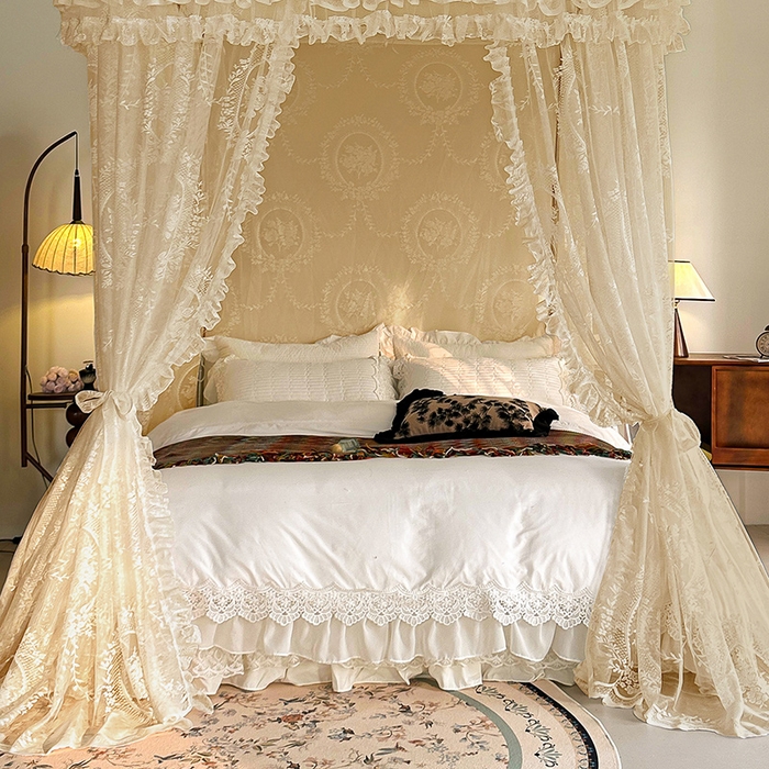 91家纺网 家纺一手货源 找家纺 都市缘蚊帐 2026新款303欧式浪漫导轨蕾丝提花蚊帐 303薇尔庄园-奶油杏