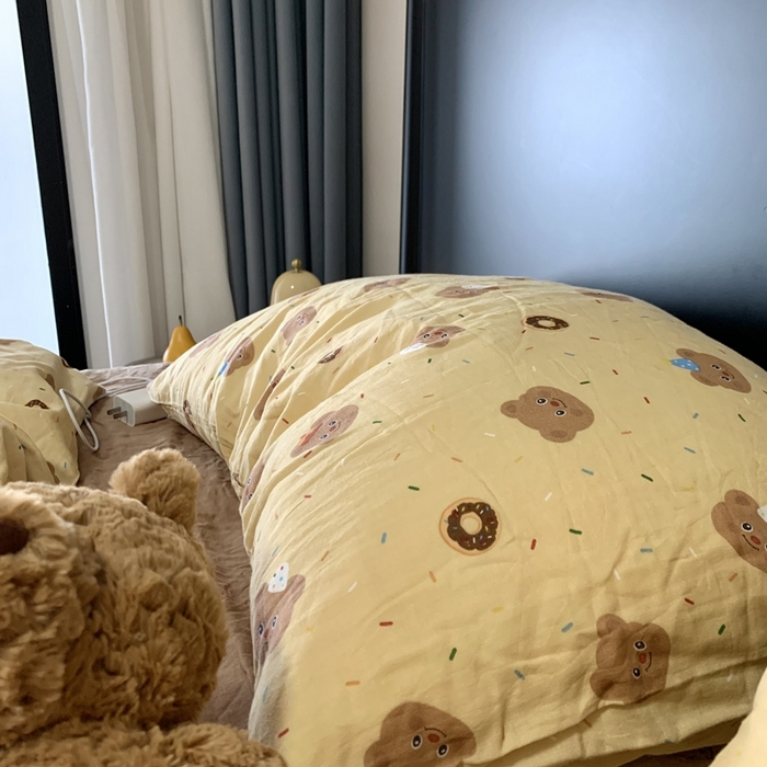 91家纺网 家纺一手货源 找家纺 源启生活 2025新款A类全棉双层纱四件套 曲奇小熊