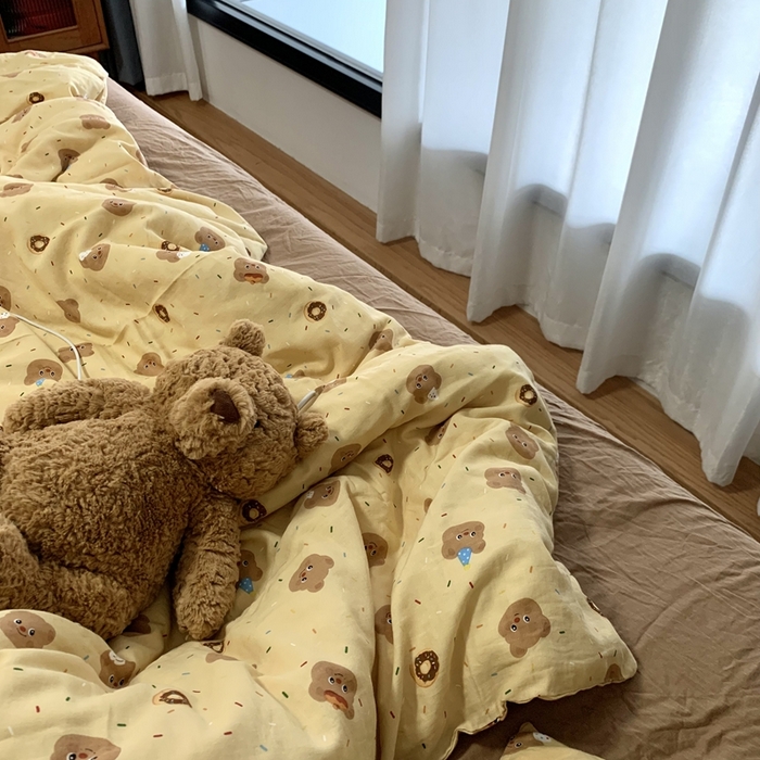 91家纺网 家纺一手货源 找家纺 源启生活 2025新款A类全棉双层纱四件套 曲奇小熊