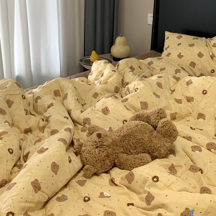 91家纺网 家纺一手货源 找家纺 源启生活 2025新款A类全棉双层纱四件套 曲奇小熊