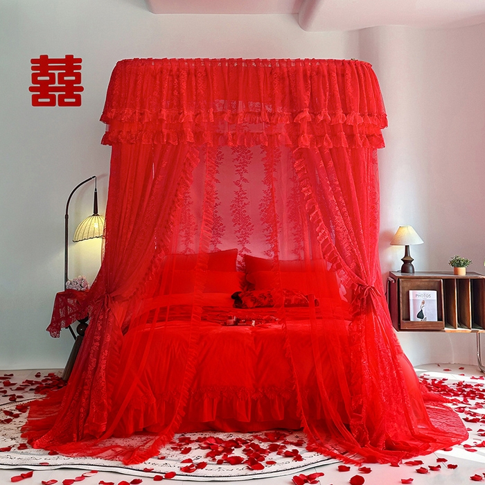 91家纺网 家纺一手货源 找家纺 （总）都市缘蚊帐 2026新款305双层蕾丝宫廷导轨蚊帐大红色婚庆