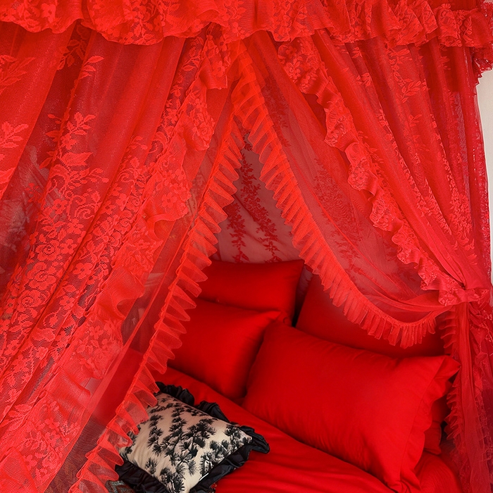 91家纺网 家纺一手货源 找家纺 （总）都市缘蚊帐 2026新款305双层蕾丝宫廷导轨蚊帐大红色婚庆