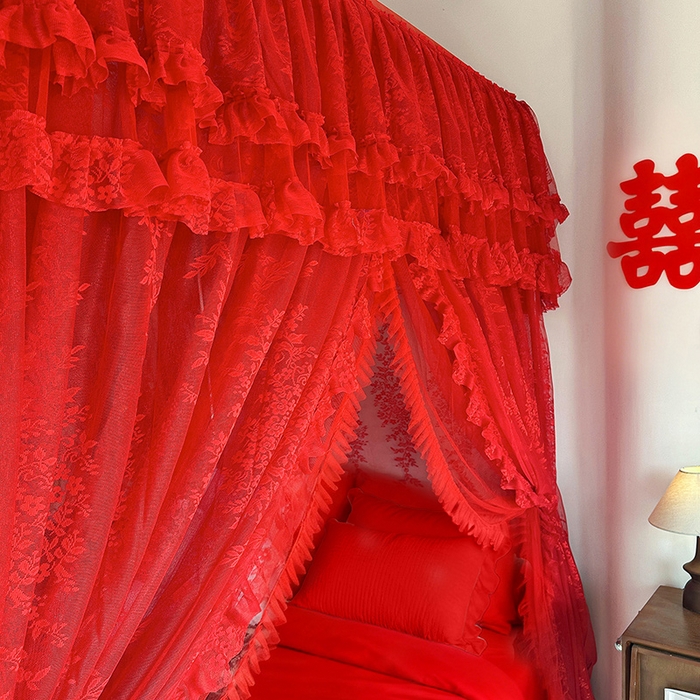 91家纺网 家纺一手货源 找家纺 （总）都市缘蚊帐 2026新款305双层蕾丝宫廷导轨蚊帐大红色婚庆