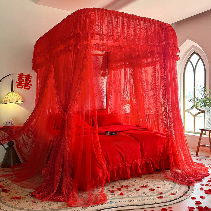 91家纺网 家纺一手货源 找家纺 （总）都市缘蚊帐 2026新款305双层蕾丝宫廷导轨蚊帐大红色婚庆