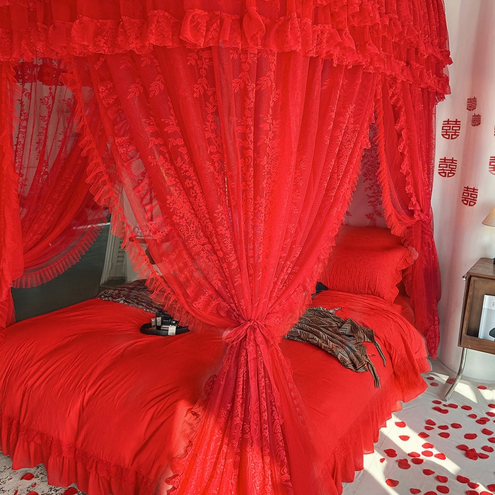 91家纺网 家纺一手货源 找家纺 （总）都市缘蚊帐 2026新款305双层蕾丝宫廷导轨蚊帐大红色婚庆