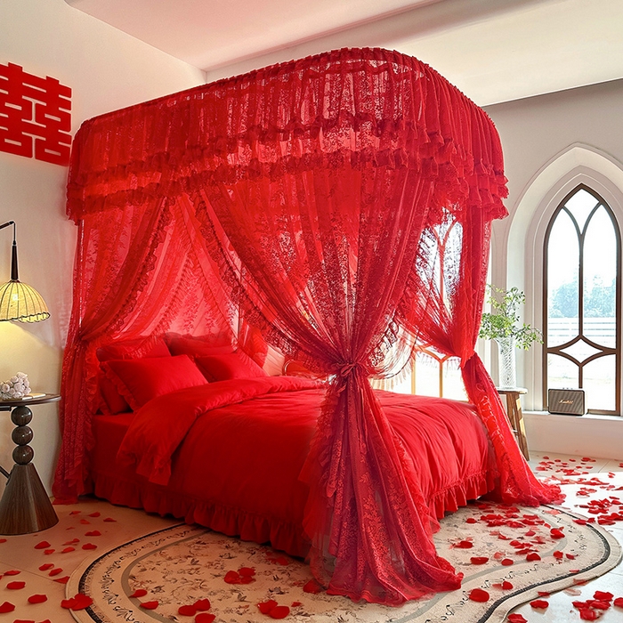 91家纺网 家纺一手货源 找家纺 （总）都市缘蚊帐 2026新款305双层蕾丝宫廷导轨蚊帐大红色婚庆
