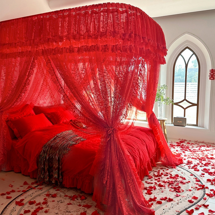 91家纺网 家纺一手货源 找家纺 （总）都市缘蚊帐 2026新款305双层蕾丝宫廷导轨蚊帐大红色婚庆