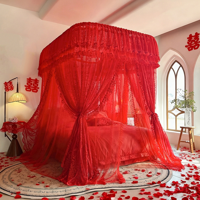 91家纺网 家纺一手货源 找家纺 （总）都市缘蚊帐 2026新款305双层蕾丝宫廷导轨蚊帐大红色婚庆