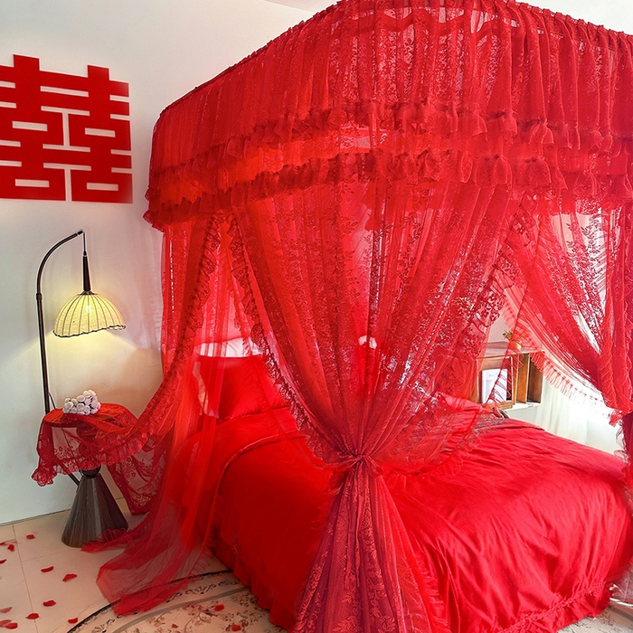 91家纺网 家纺一手货源 找家纺 （总）都市缘蚊帐 2026新款305双层蕾丝宫廷导轨蚊帐大红色婚庆