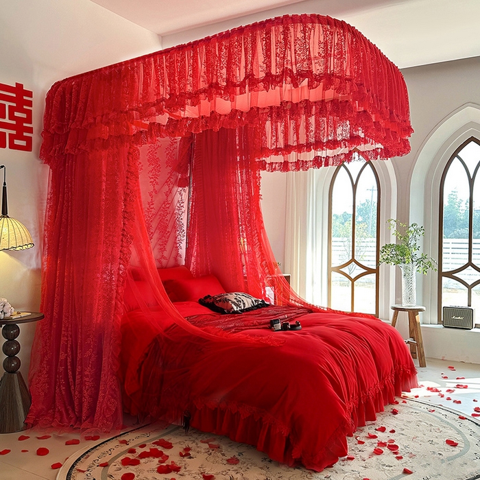 91家纺网 家纺一手货源 找家纺 （总）都市缘蚊帐 2026新款305双层蕾丝宫廷导轨蚊帐大红色婚庆