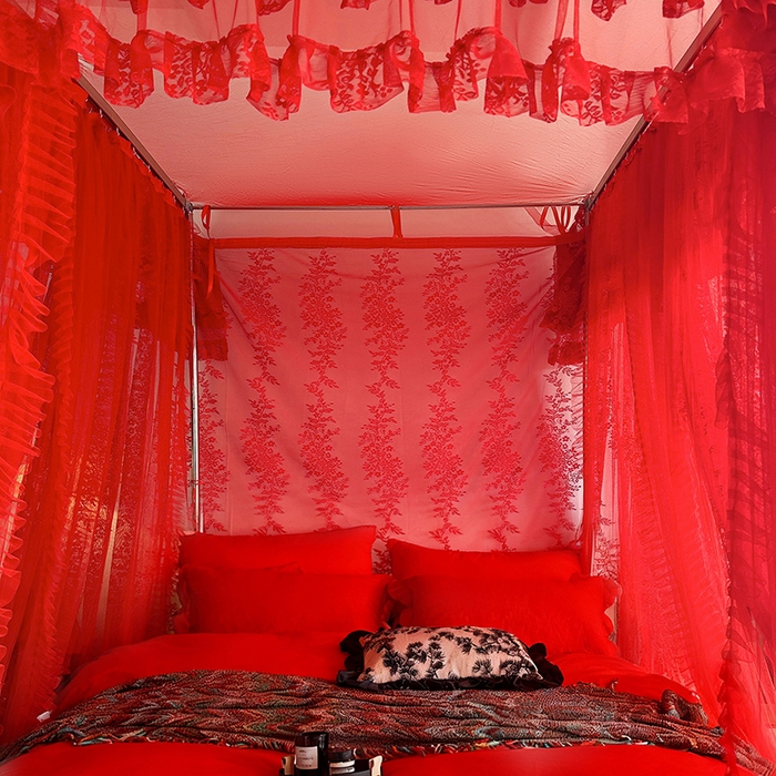 91家纺网 家纺一手货源 找家纺 （总）都市缘蚊帐 2026新款305双层蕾丝宫廷导轨蚊帐大红色婚庆
