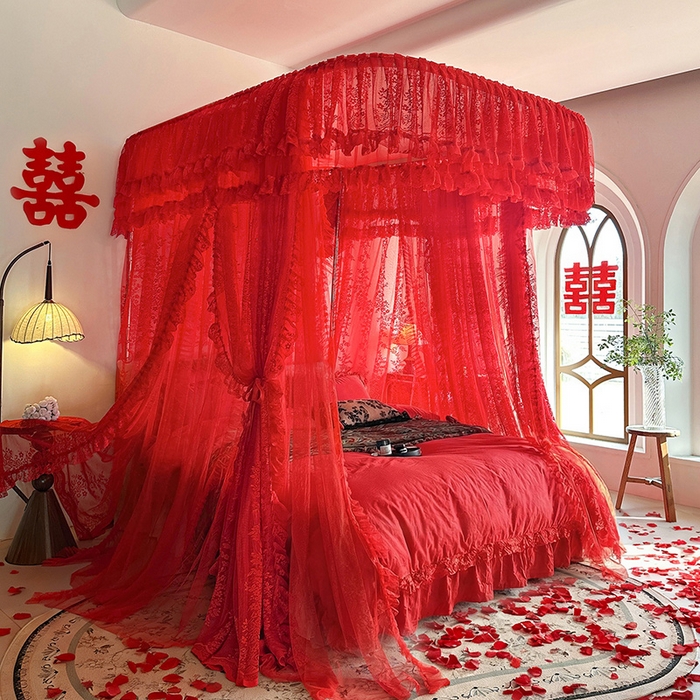 91家纺网 家纺一手货源 找家纺 （总）都市缘蚊帐 2026新款305双层蕾丝宫廷导轨蚊帐大红色婚庆