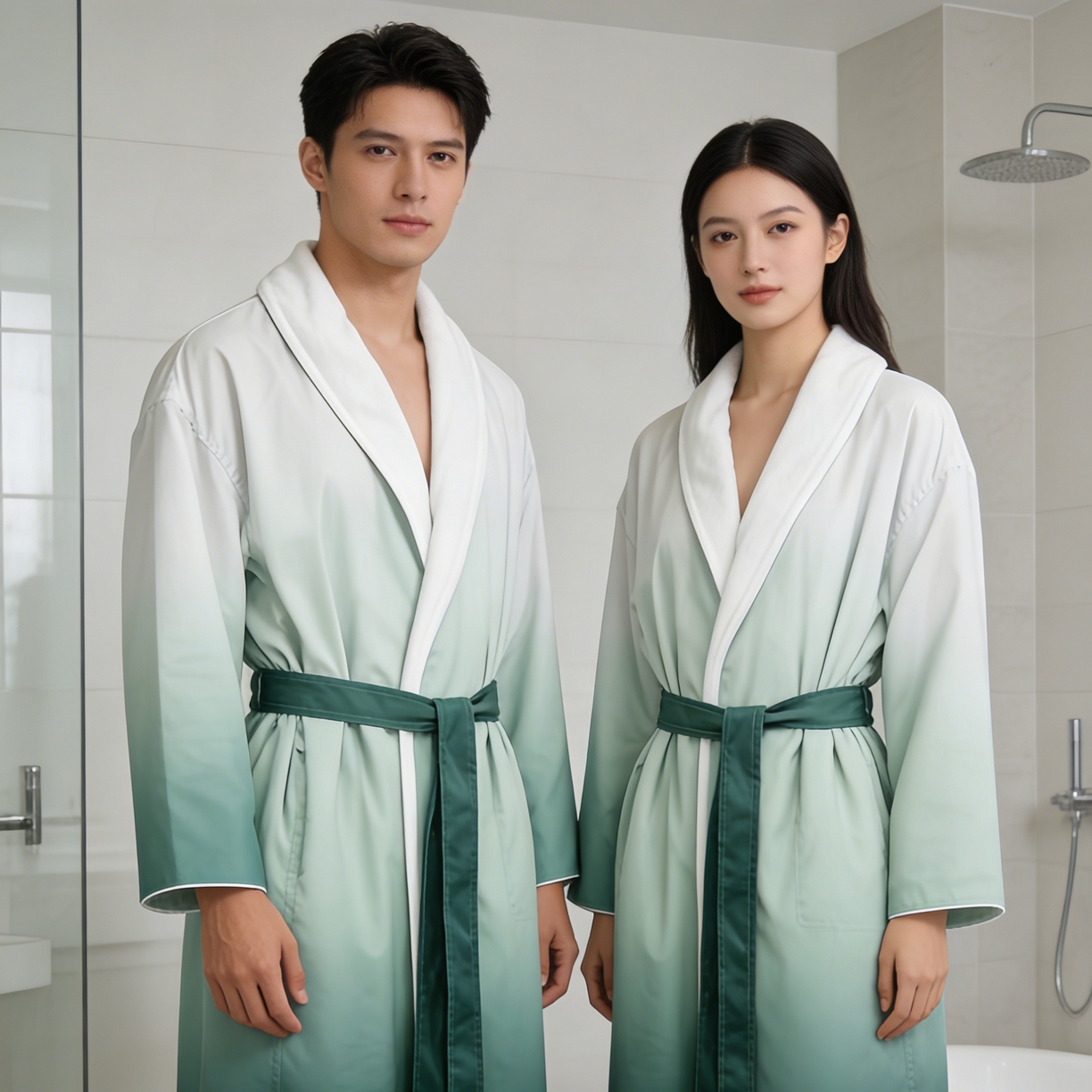 91家纺网 家纺一手货源 找家纺 （总）安力森/诚臻酒店用品 2025新款情侣款渐变色双层华达呢浴袍青果领加厚保暖男女秋冬酒店品质长款睡袍