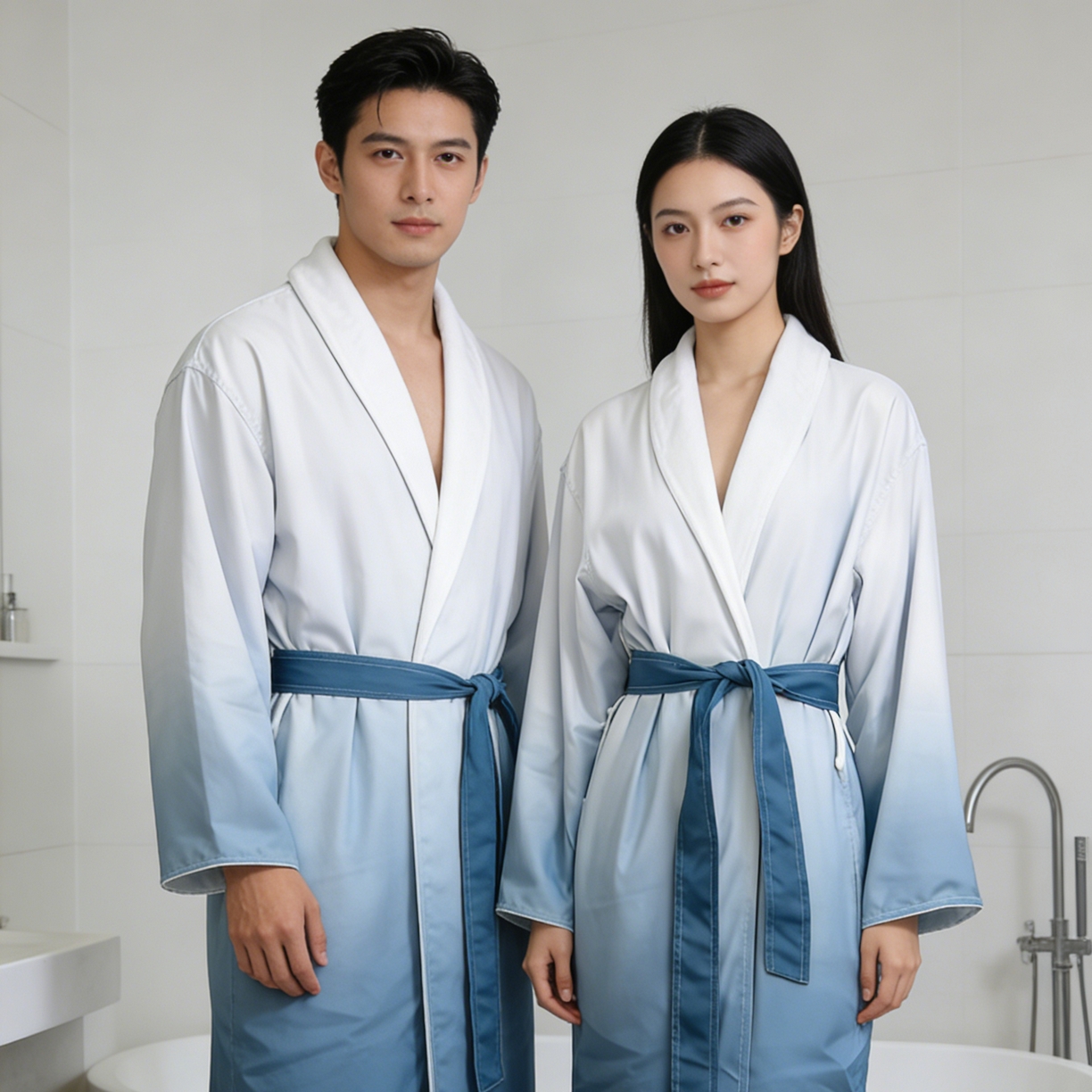 91家纺网 家纺一手货源 找家纺 （总）安力森/诚臻酒店用品 2025新款情侣款渐变色双层华达呢浴袍青果领加厚保暖男女秋冬酒店品质长款睡袍