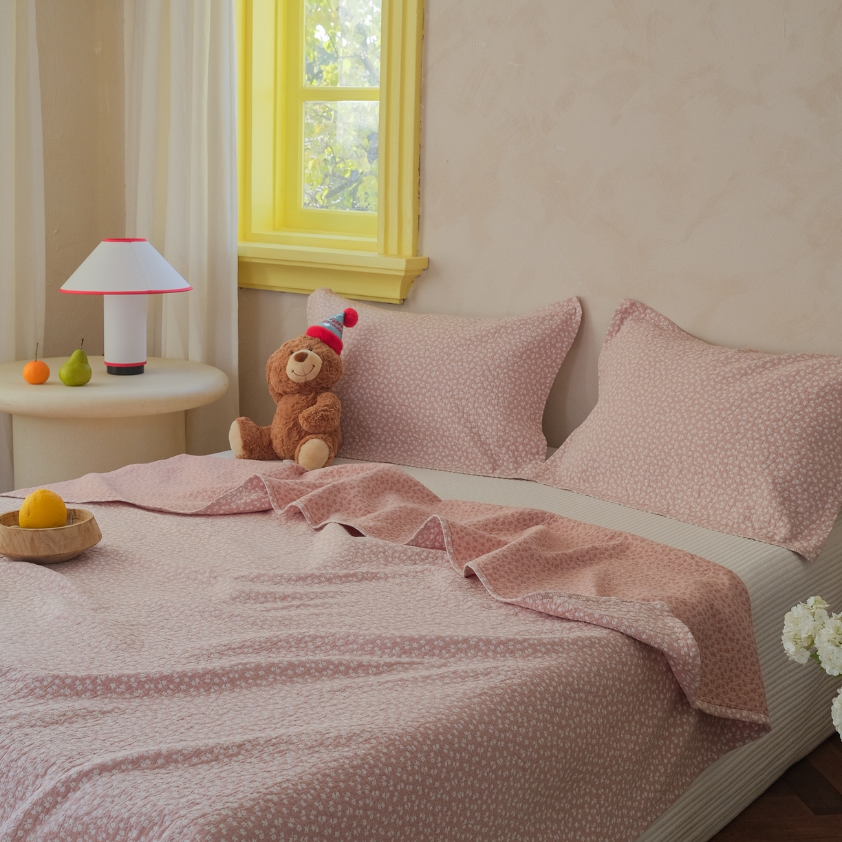 91家纺网 家纺一手货源 找家纺 沐瑟家纺 2026新款全棉四层纱布无印枕巾 枫叶-粉色