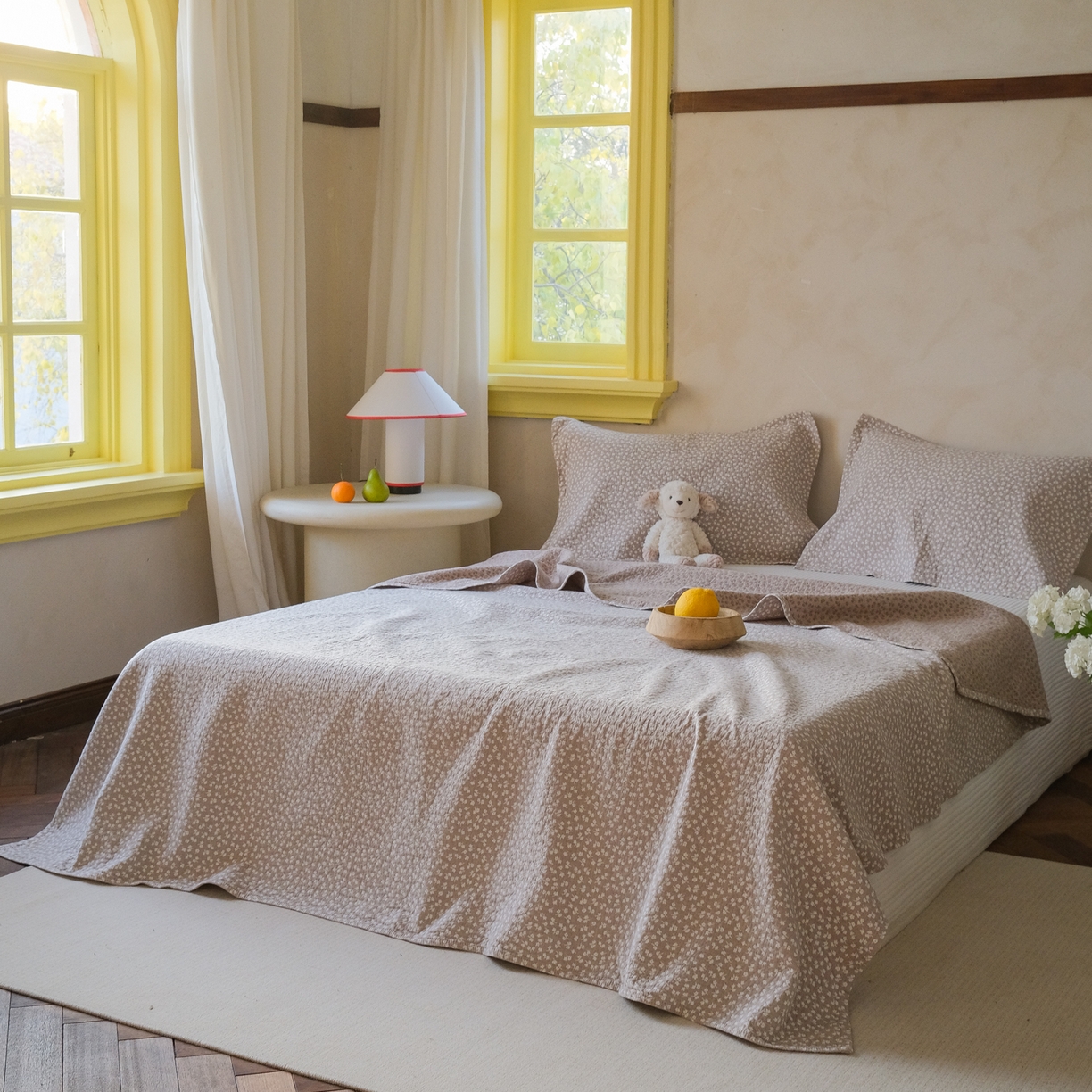 91家纺网 家纺一手货源 找家纺 沐瑟家纺 2026新款全棉四层纱布无印枕巾 枫叶-咖色