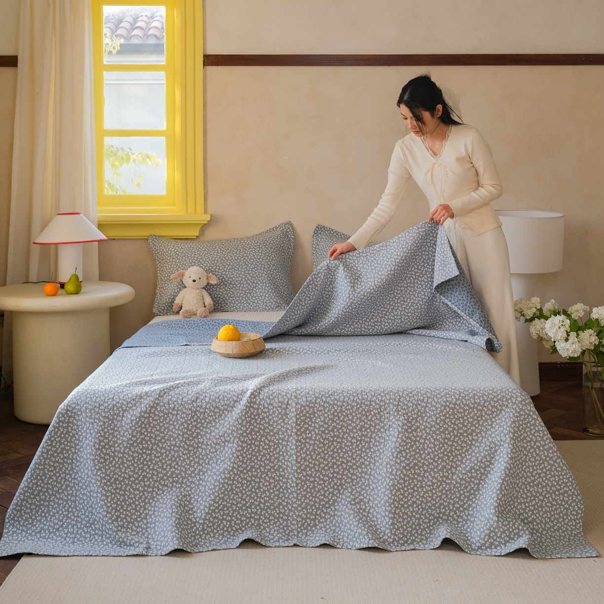 91家纺网 家纺一手货源 找家纺 沐瑟家纺 2026新款全棉四层纱布无印枕巾 枫叶-蓝色