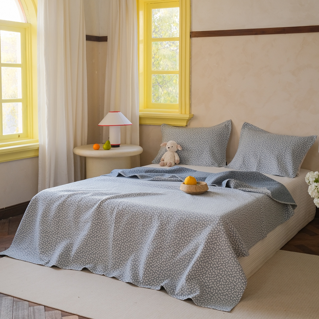 91家纺网 家纺一手货源 找家纺 沐瑟家纺 2026新款全棉四层纱布无印枕巾 枫叶-蓝色