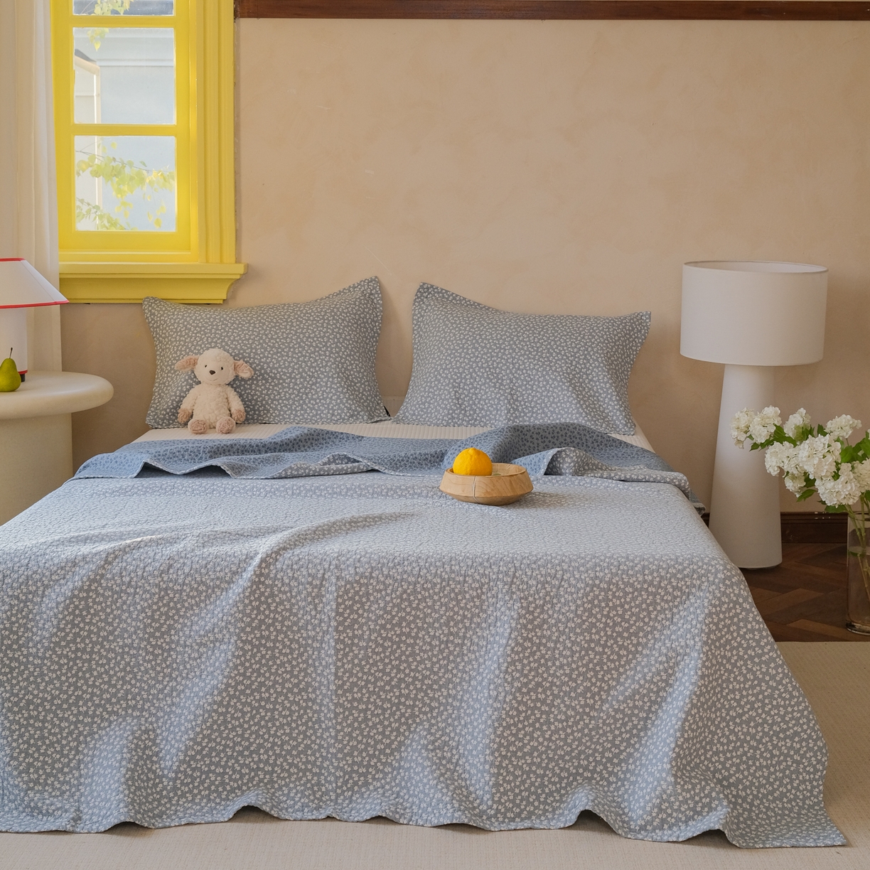 91家纺网 家纺一手货源 找家纺 沐瑟家纺 2026新款全棉四层纱布无印枕巾 枫叶-蓝色