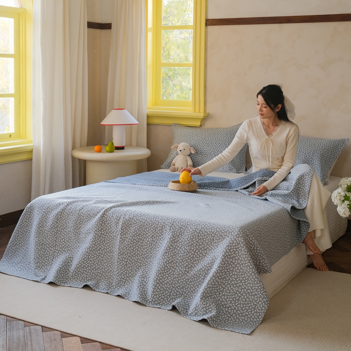 91家纺网 家纺一手货源 找家纺 沐瑟家纺 2026新款全棉四层纱布无印枕巾 枫叶-蓝色