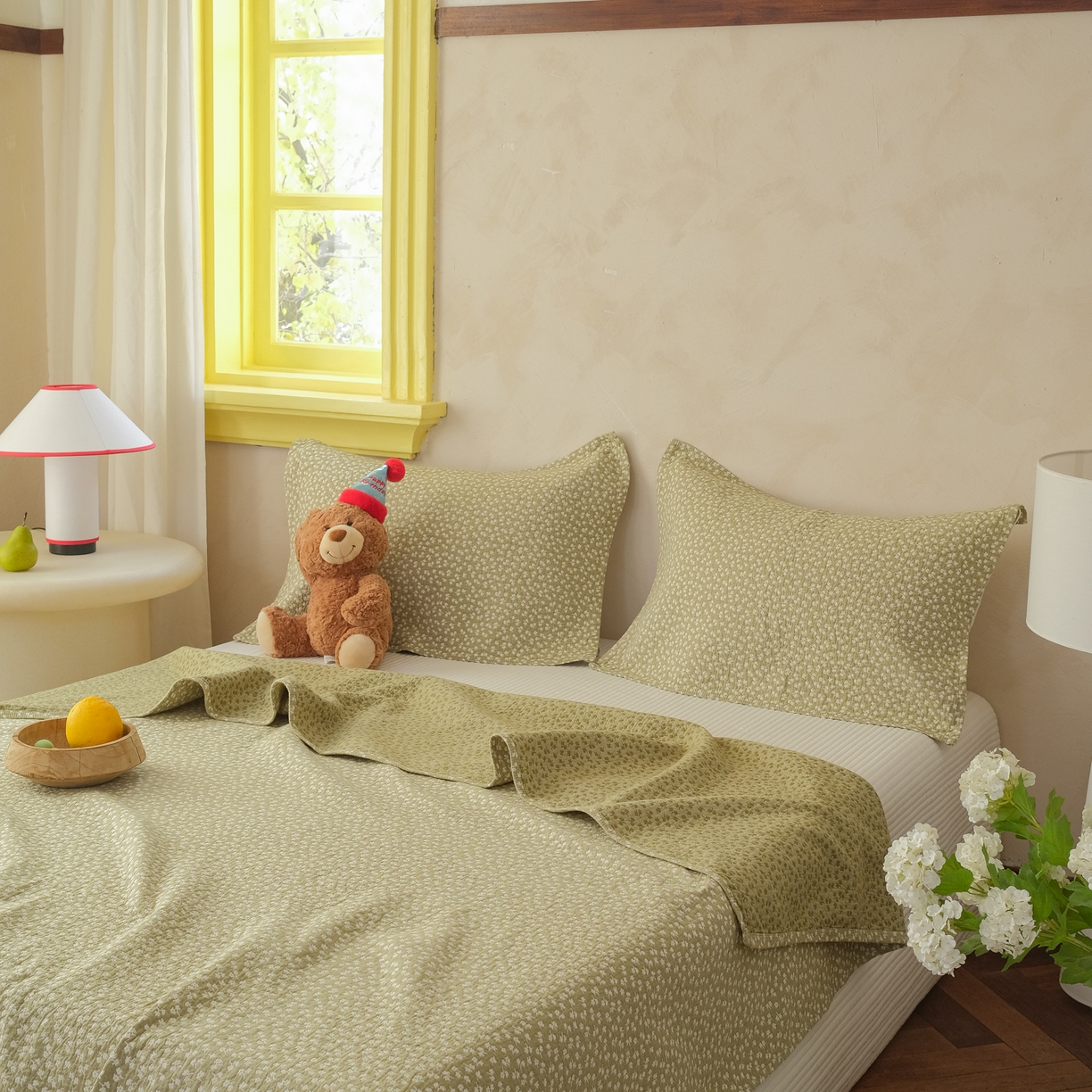 91家纺网 家纺一手货源 找家纺 沐瑟家纺 2026新款全棉四层纱布无印枕巾 枫叶-绿色