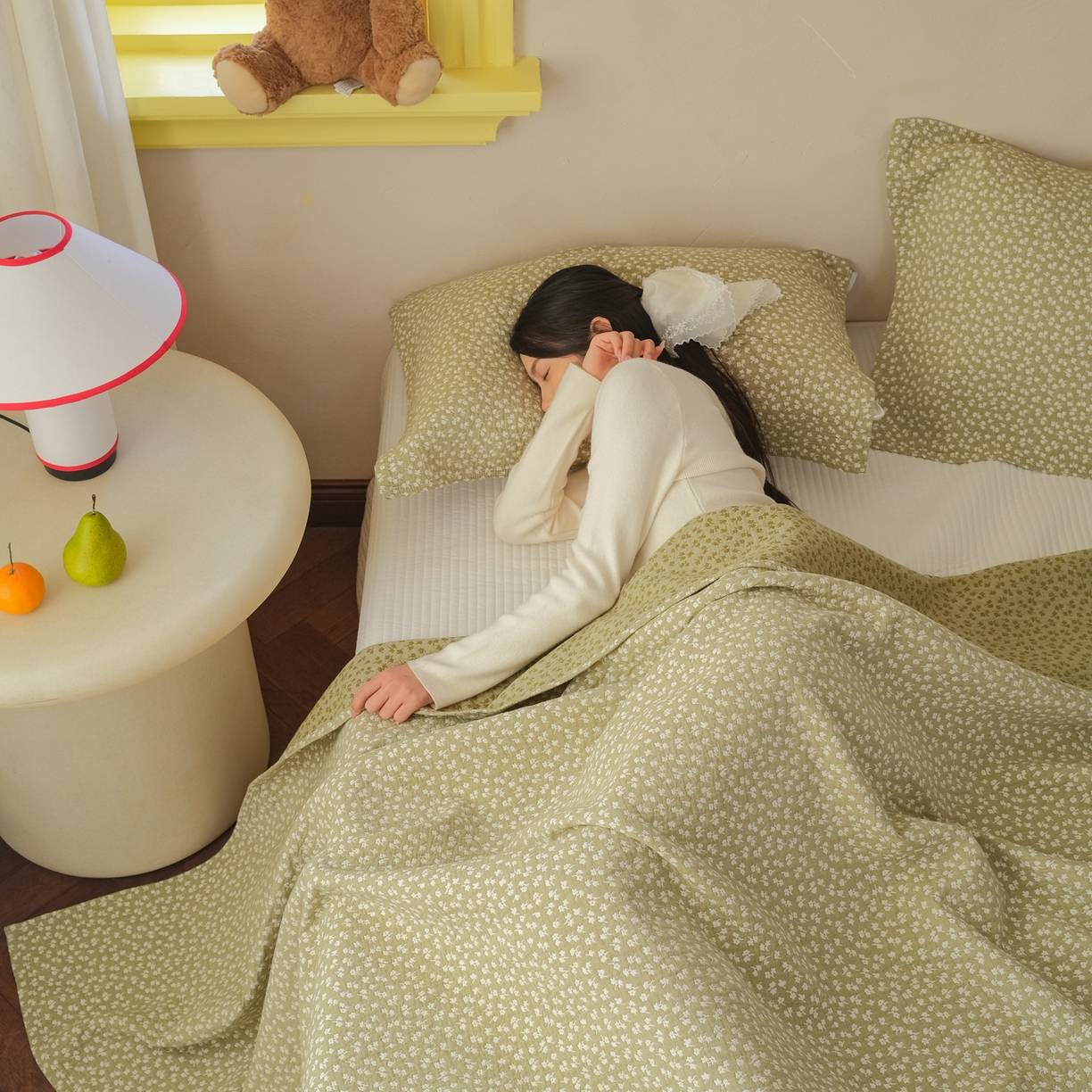 91家纺网 家纺一手货源 找家纺 沐瑟家纺 2026新款全棉四层纱布无印枕巾 枫叶-绿色