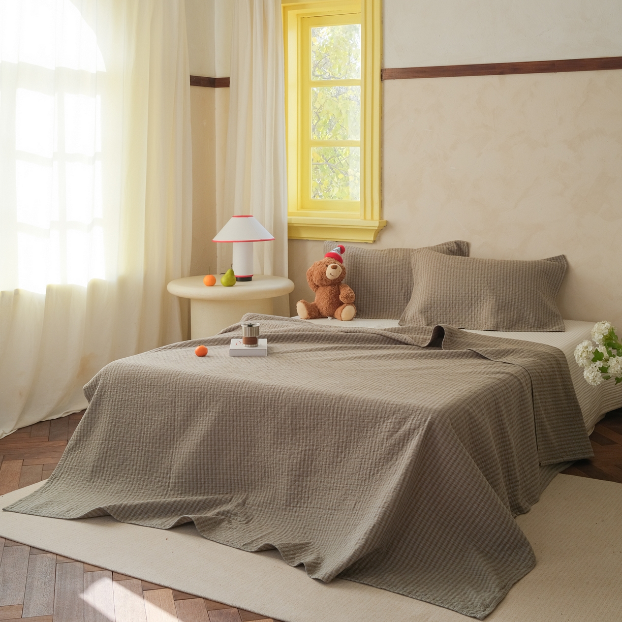 91家纺网 家纺一手货源 找家纺 沐瑟家纺 2026新款全棉四层纱布无印枕巾 芸榕-灰绿