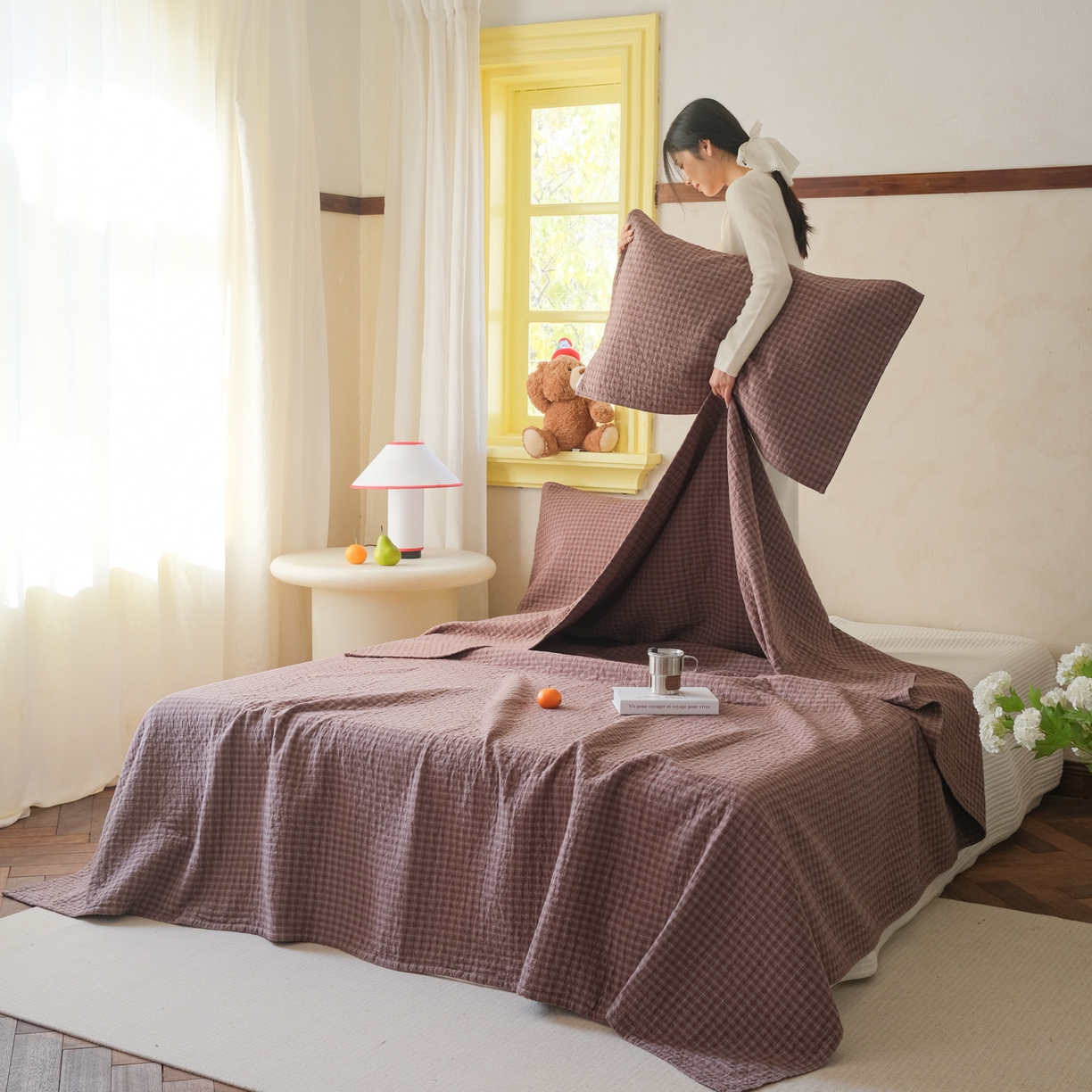 91家纺网 家纺一手货源 找家纺 沐瑟家纺 2026新款全棉四层纱布无印枕巾 芸榕-咖色