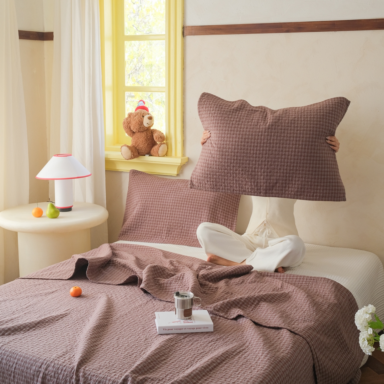 91家纺网 家纺一手货源 找家纺 沐瑟家纺 2026新款全棉四层纱布无印枕巾 芸榕-咖色