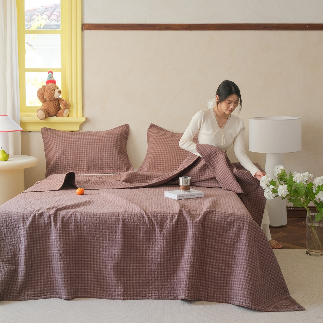 91家纺网 家纺一手货源 找家纺 沐瑟家纺 2026新款全棉四层纱布无印枕巾 芸榕-咖色