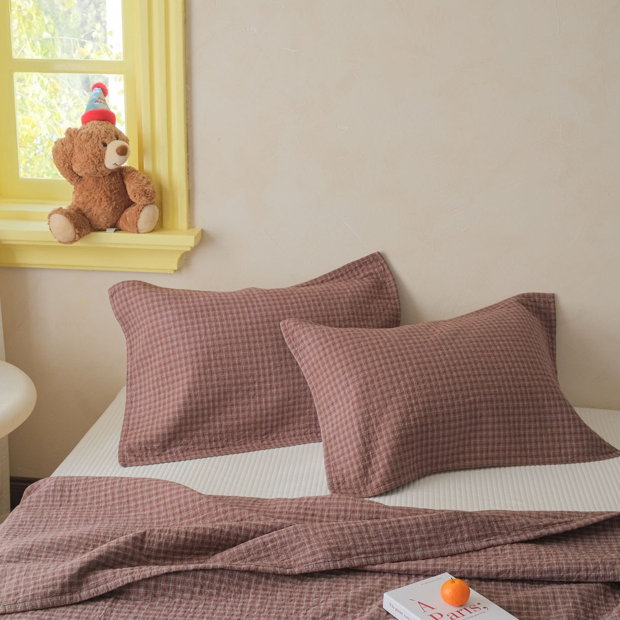 沐瑟家纺 2026新款全棉四层纱布无印枕巾 芸榕-咖色