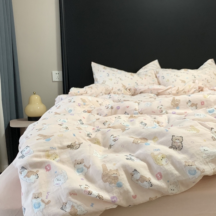 91家纺网 家纺一手货源 找家纺 源启生活 2025新款A类全棉双层纱四件套 小奶猫