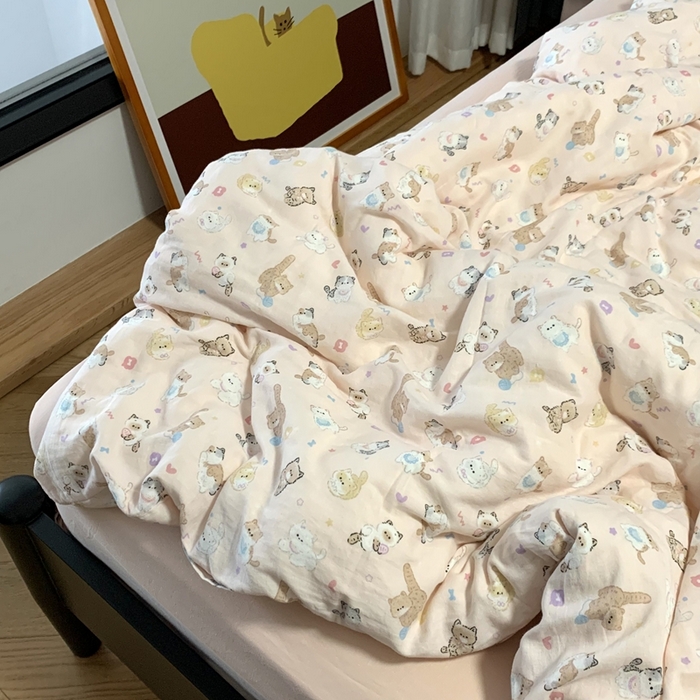 91家纺网 家纺一手货源 找家纺 源启生活 2025新款A类全棉双层纱四件套 小奶猫