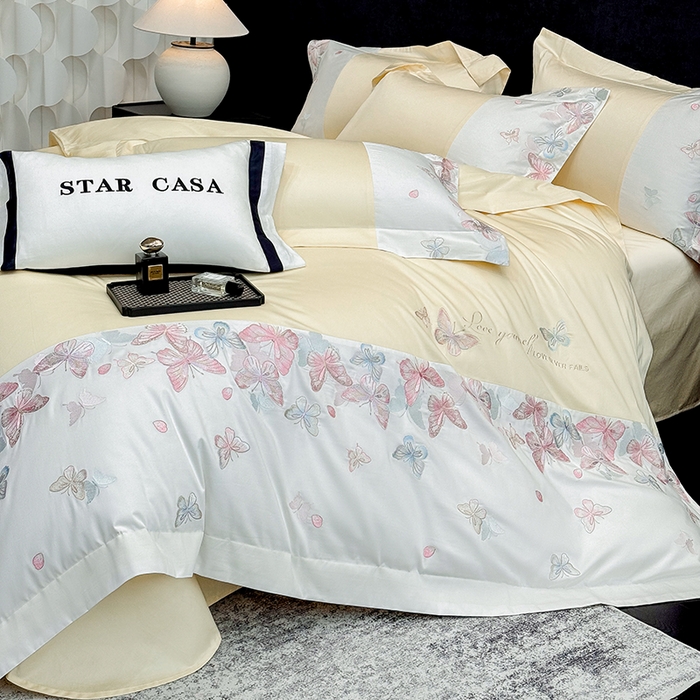 91家纺网 家纺一手货源 找家纺 星蕴家纺 2026新款贡缎长绒棉四件套-悦蝶（最低控价券后278元！） 悦蝶-奶油黄