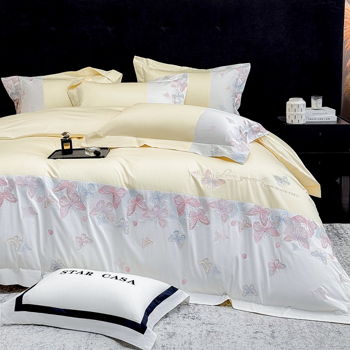 91家纺网 家纺一手货源 找家纺 星蕴家纺 2026新款贡缎长绒棉四件套-悦蝶（最低控价券后278元！） 悦蝶-奶油黄