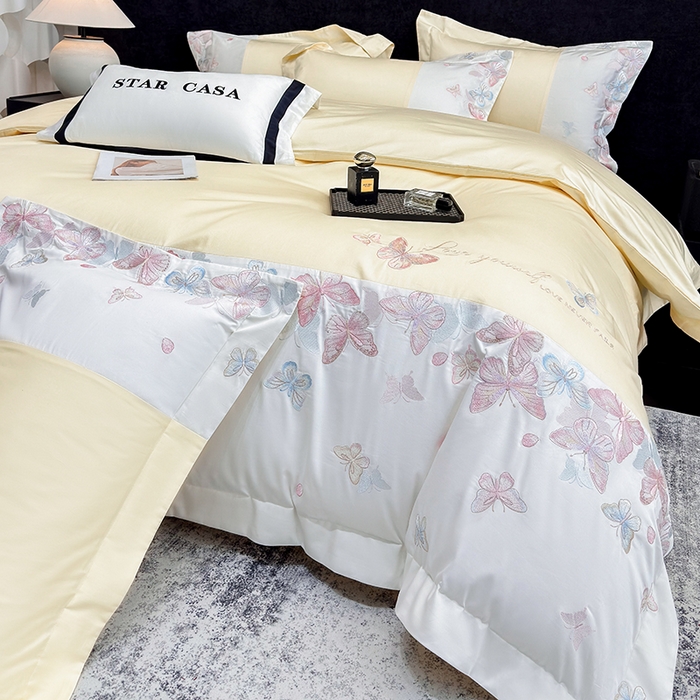 91家纺网 家纺一手货源 找家纺 星蕴家纺 2026新款贡缎长绒棉四件套-悦蝶（最低控价券后278元！） 悦蝶-奶油黄