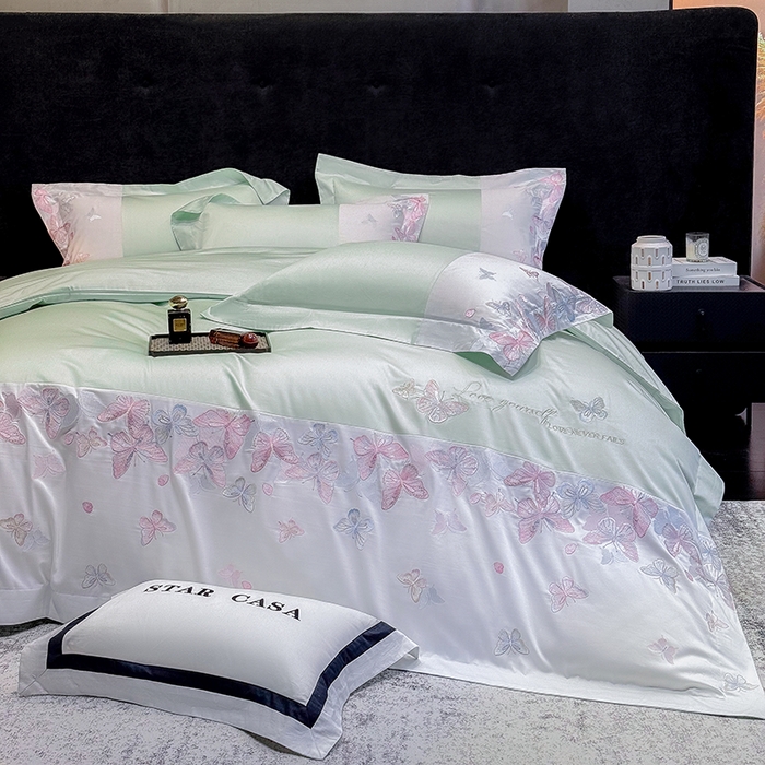 91家纺网 家纺一手货源 找家纺 星蕴家纺 2026新款贡缎长绒棉四件套-悦蝶（最低控价券后278元！） 悦蝶-清新绿