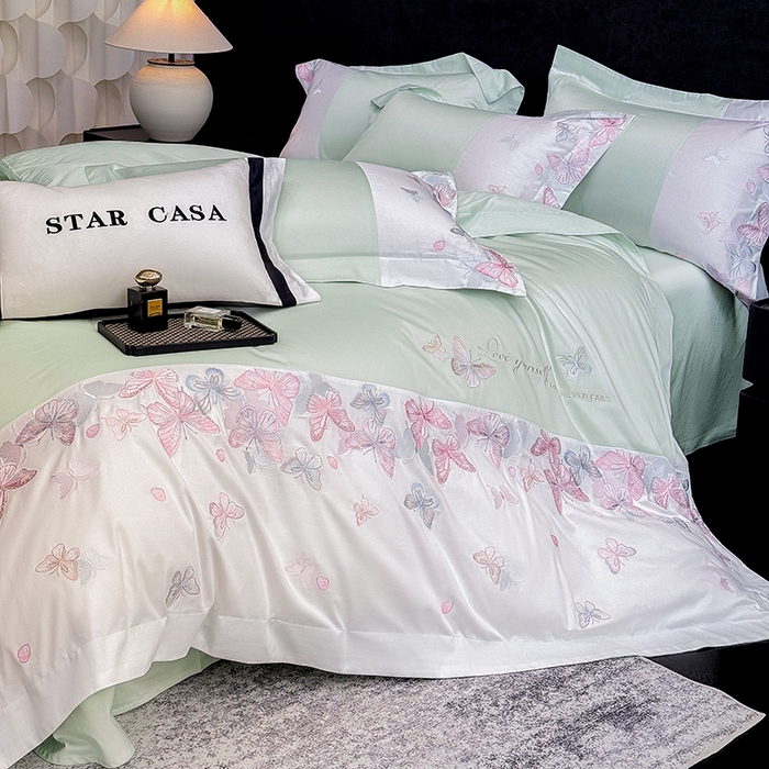 91家纺网 家纺一手货源 找家纺 星蕴家纺 2026新款贡缎长绒棉四件套-悦蝶（最低控价券后278元！） 悦蝶-清新绿