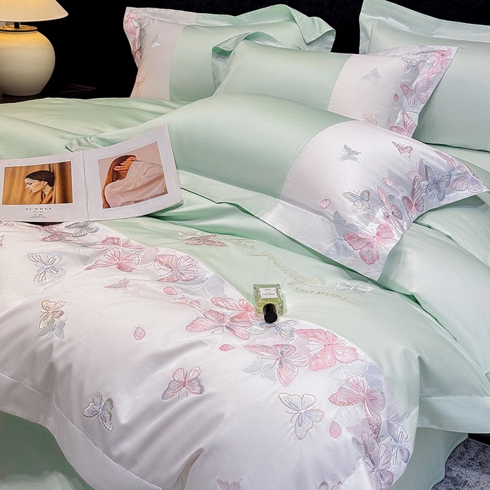 91家纺网 家纺一手货源 找家纺 星蕴家纺 2026新款贡缎长绒棉四件套-悦蝶（最低控价券后278元！） 悦蝶-清新绿