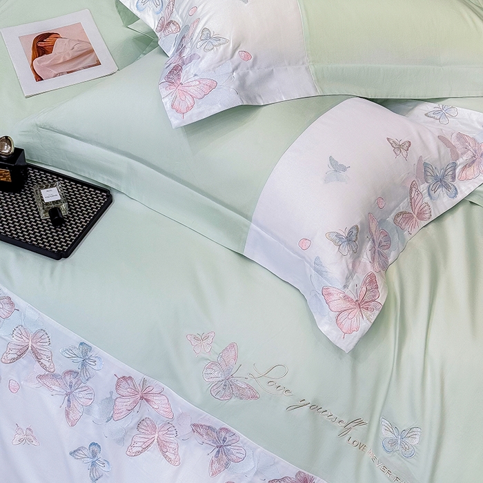 91家纺网 家纺一手货源 找家纺 星蕴家纺 2026新款贡缎长绒棉四件套-悦蝶（最低控价券后278元！） 悦蝶-清新绿