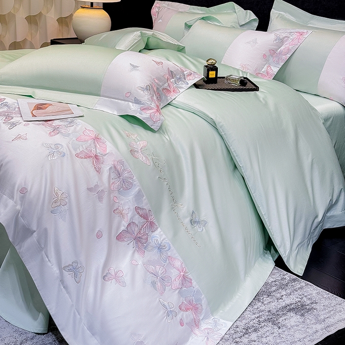 91家纺网 家纺一手货源 找家纺 星蕴家纺 2026新款贡缎长绒棉四件套-悦蝶（最低控价券后278元！） 悦蝶-清新绿